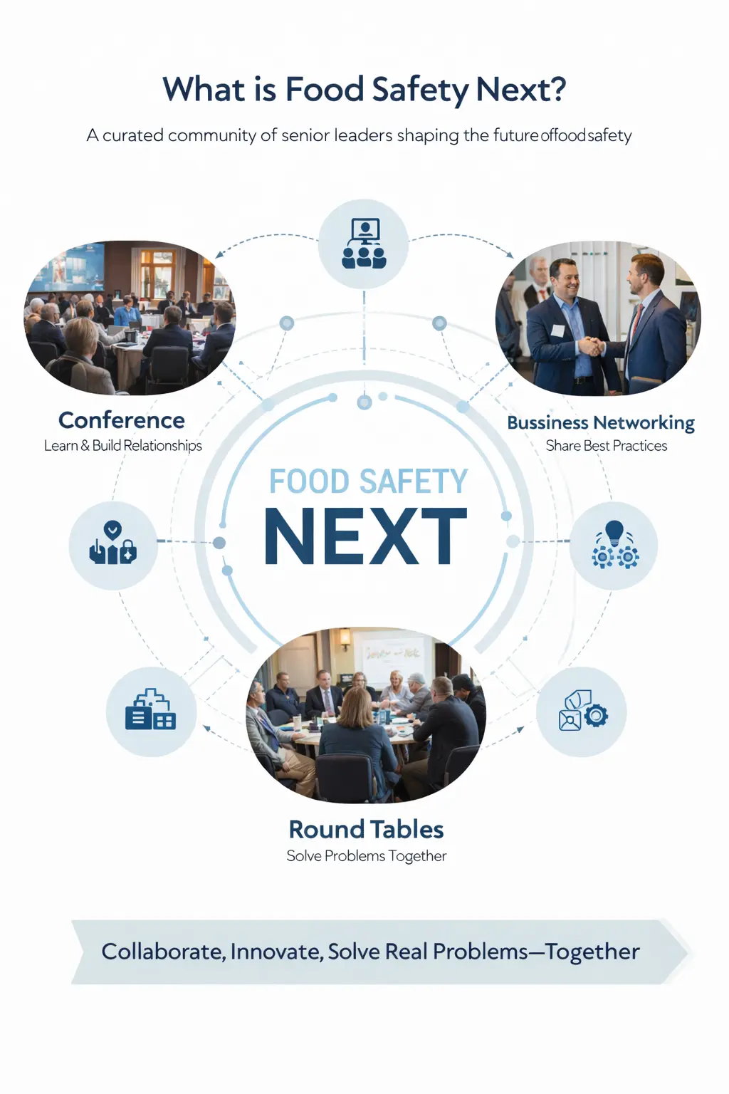 Food Safety Next cycle diagram showing Conference, Business Networking, and Round Tables